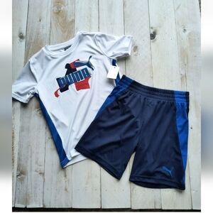 NWT Puma Boys Shorts And Short Sleeve Shirt 2pc Outfit Set Size 5 Blue White